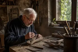 Elderly craftsman restoring wood in a sunlit, stone-walled workshop in Sainte-Anastasie-sur-Issole, with tools and soft Mediterranean light creating an intimate, authentic Provençal atmosphere.