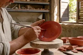 Elderly hands decorating Roman-style ceramic in a sunlit artisan workshop with pottery fragments and rustic shelves in Provence.
