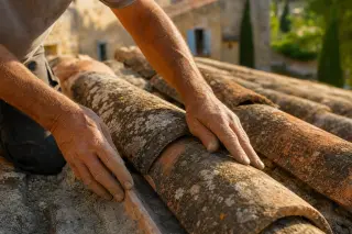 Close-up of a roofer's hands adjusting curved canal tiles on an old stone roof with warm, soft sunlight and blurred Mediterranean foliage in the background.