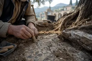 Elderly hands carefully cleaning a Roman mosaic fragment among olive roots, with ancient stones and tools, softly lit and naturally composed at a discreet restoration site in the Var.