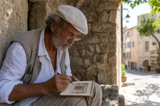 Elderly artisan quietly sketching details of a stone doorway in shaded village alley, with warm Mediterranean light and soft, contemplative atmosphere.