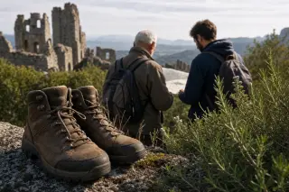 Worn hiking boots on mossy stone near a medieval ruin, with two hikers consulting a map in a sunlit Provençal landscape.