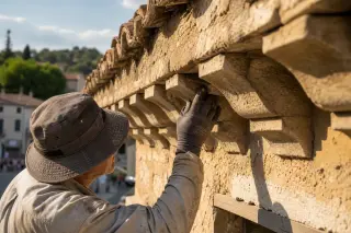 Artisan inspecting the detailed génoise eaves of a traditional Provençal roof in warm, soft light, hands touching the stone, village square softly out of focus behind.