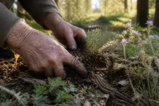 Elderly hands turning Mediterranean soil among wildflowers, herbs, and a small lizard in a sun-dappled woodland clearing near Sainte-Anastasie.