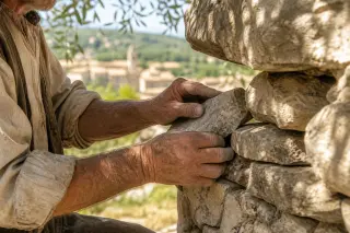 Elderly stonemason assembling limestone blocks by hand beside a capitelle, with village in blurred background and dappled sunlight through olive trees.