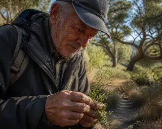 Elderly local man studies wild thyme on a narrow forest path near Sainte-Anastasie, surrounded by Mediterranean woodland and garrigue in soft, natural light.