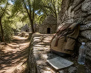 Discreet naturalist quietly observing wildlife in the shaded Mediterranean undergrowth at dawn, partially hidden by foliage, in soft golden light.
