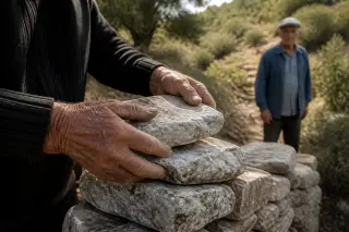 Close-up of an artisan's hands stacking limestone stones on a capitelle, wild scrubland and an older local watching in the background, soft Mediterranean light.