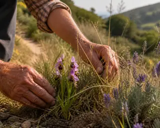 Elderly hands gently parting grass to show wild orchids and lavande papillon on a sunlit hillside trail in Var.