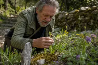 Elderly botanist examining endemic wildflowers in sun-dappled Var woodland near a stone path, close-up on hands and plants