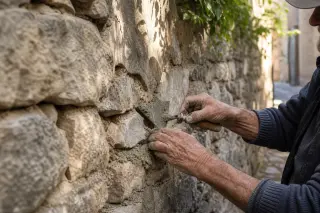 Aged hands of a mason restoring old stonework in a village alley, soft natural light highlighting textures and heritage.